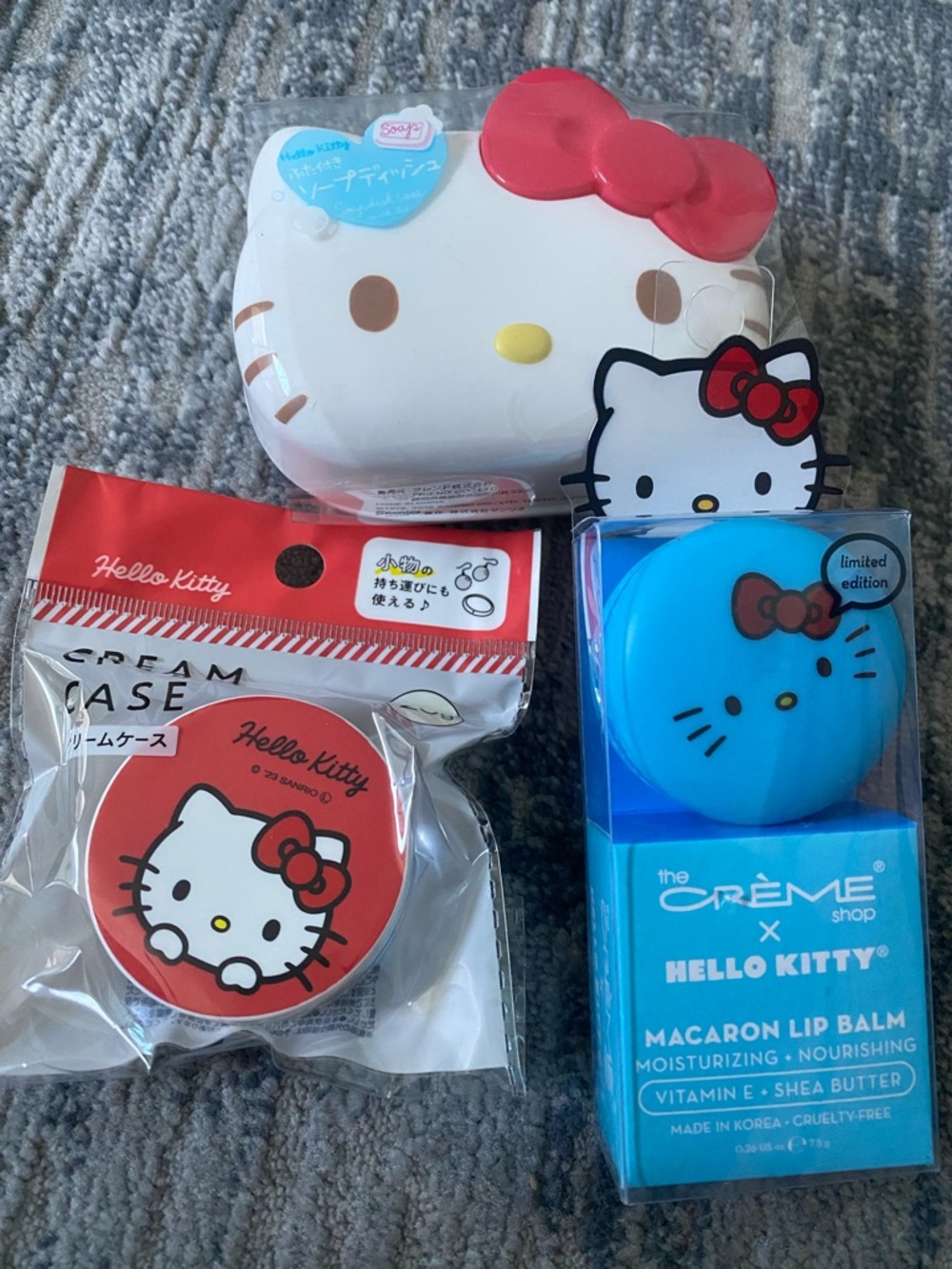 Hello Kitty cream container, soap container and macaron lip balm bundle